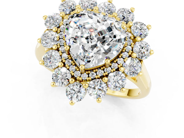 Yellow gold Heart Cut Moissanite Floral Double Halo Engagement Ring with Prong Setting