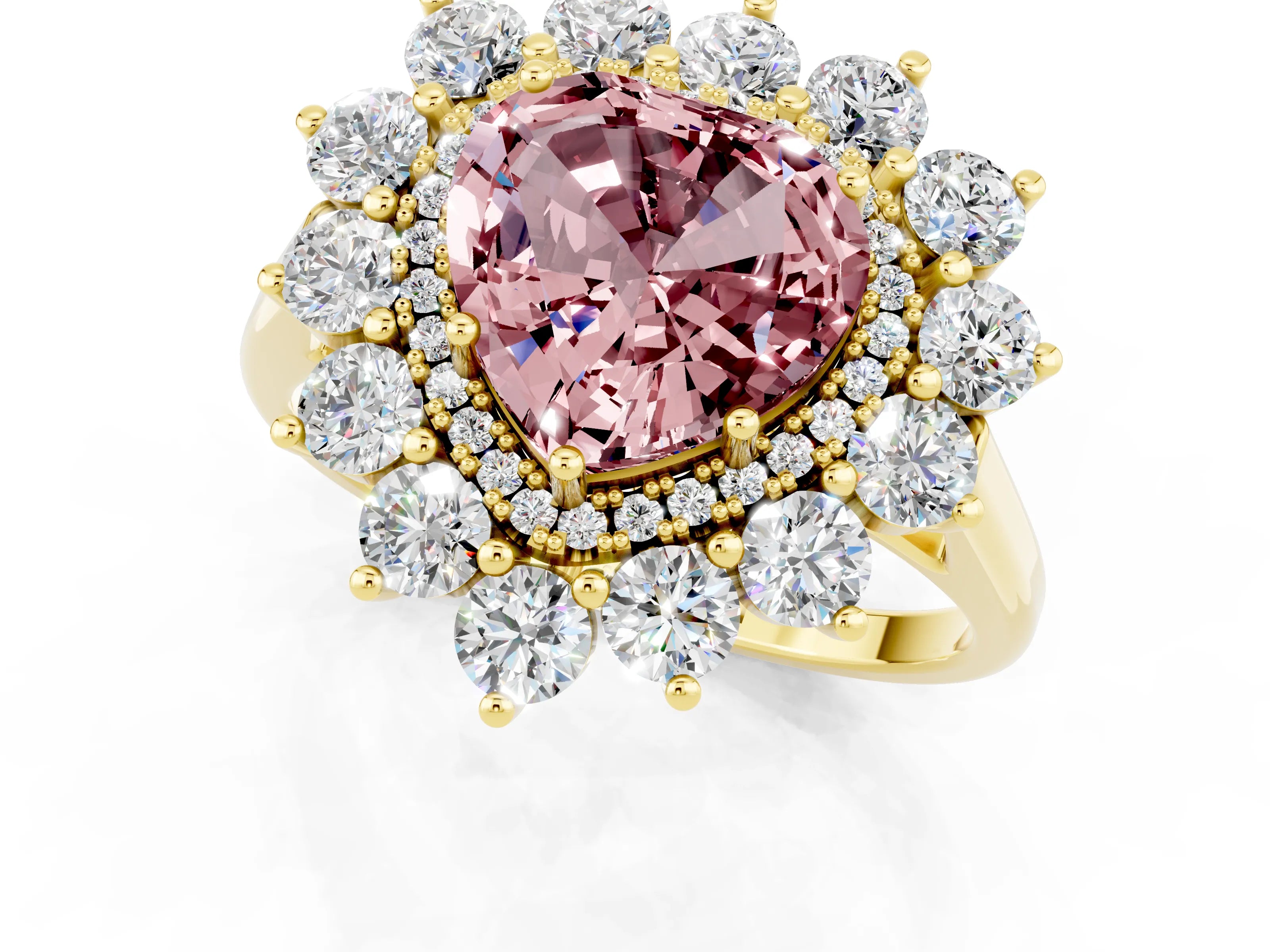 Yellow gold Heart Cut Halo Cluster Diamond Ring with Pave Band and Four-Prong Setting_13