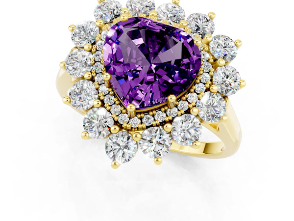 Yellow gold Heart Cut Amethyst Floral Double Halo Engagement Ring with Prong Setting