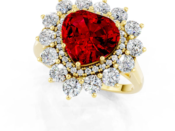 Yellow gold Heart Cut Ruby Floral Double Halo Engagement Ring with Prong Setting