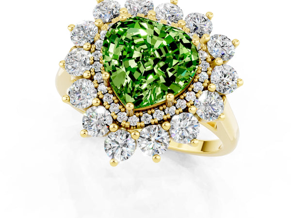 Yellow gold Heart Cut Peridot Floral Double Halo Engagement Ring with Prong Setting