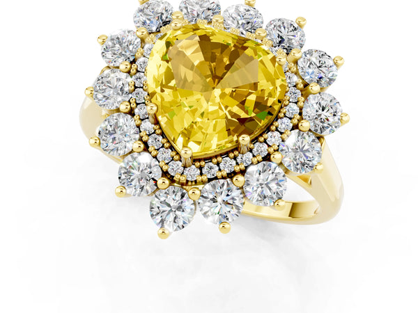 Yellow gold Heart Cut Yellow Sapphire Floral Double Halo Engagement Ring with Prong Setting
