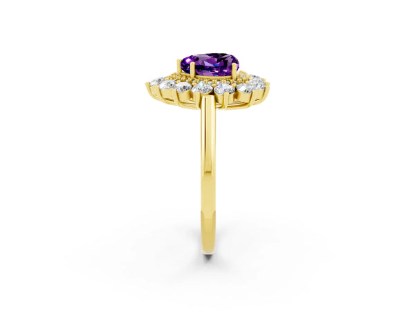 Yellow gold Heart Cut Amethyst Floral Double Halo Engagement Ring with Prong Setting