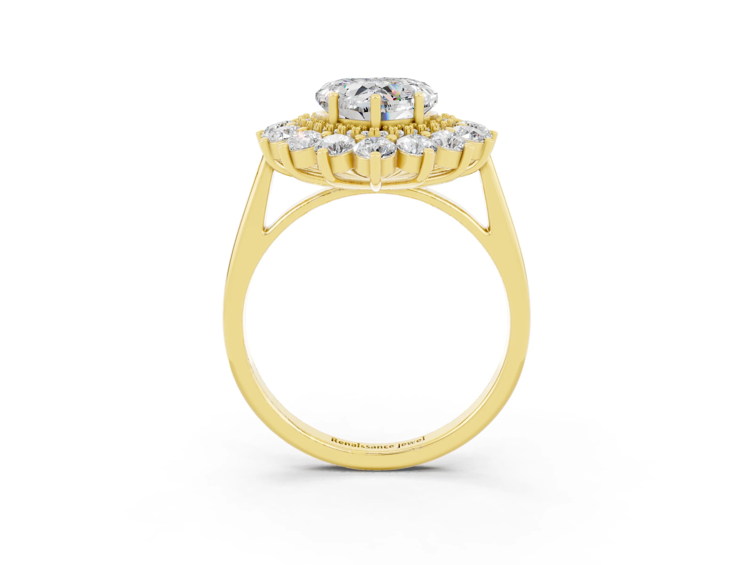 Yellow gold Heart Cut Halo Cluster Diamond Ring with Pave Band and Four-Prong Setting_15