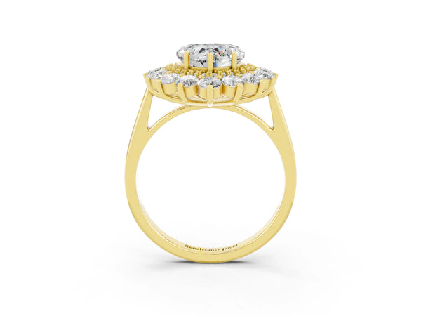 Yellow gold Heart Cut Moissanite Floral Double Halo Engagement Ring with Prong Setting