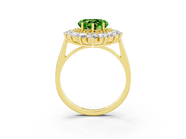 Yellow gold Heart Cut Peridot Floral Double Halo Engagement Ring with Prong Setting