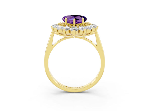 Yellow gold Heart Cut Amethyst Floral Double Halo Engagement Ring with Prong Setting