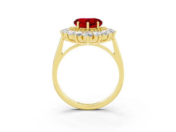Yellow gold Heart Cut Ruby Floral Double Halo Engagement Ring with Prong Setting