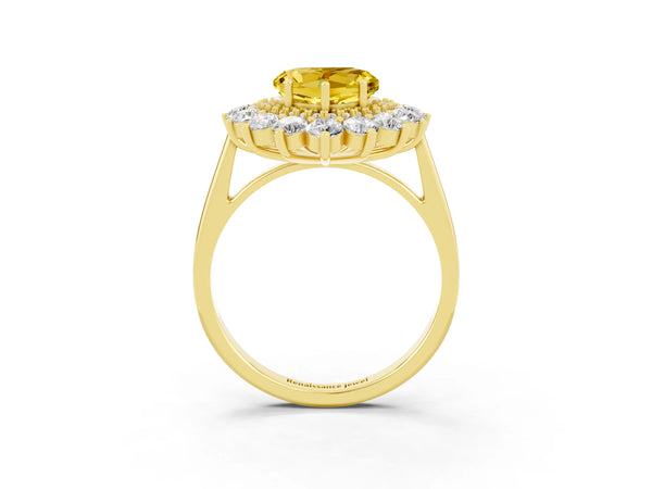 Yellow gold Heart Cut Yellow Sapphire Floral Double Halo Engagement Ring with Prong Setting