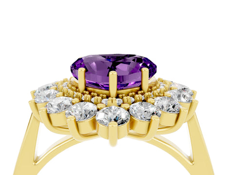 Yellow gold Heart Cut Halo Cluster Diamond Ring with Pave Band and Four-Prong Setting_16