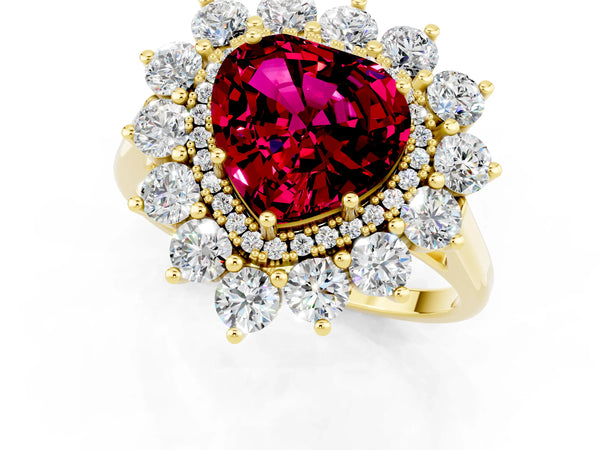 Yellow gold Heart Cut Garnet Floral Double Halo Engagement Ring with Prong Setting