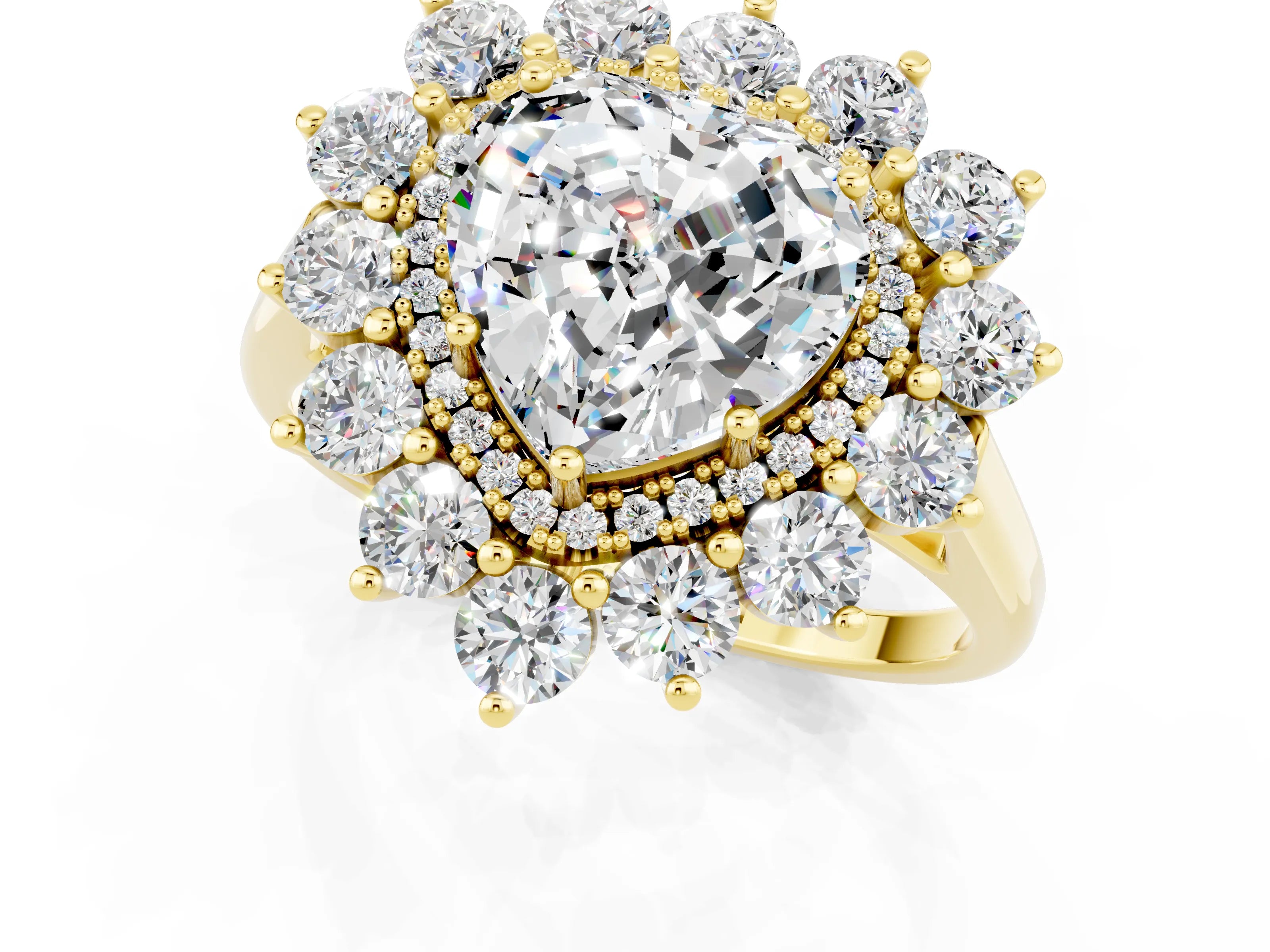 Yellow gold Heart Cut Halo Cluster Diamond Ring with Pave Band and Four-Prong Setting_1