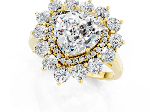 Yellow gold Heart Cut Halo Cluster Diamond Ring with Pave Band and Four-Prong Setting_1
