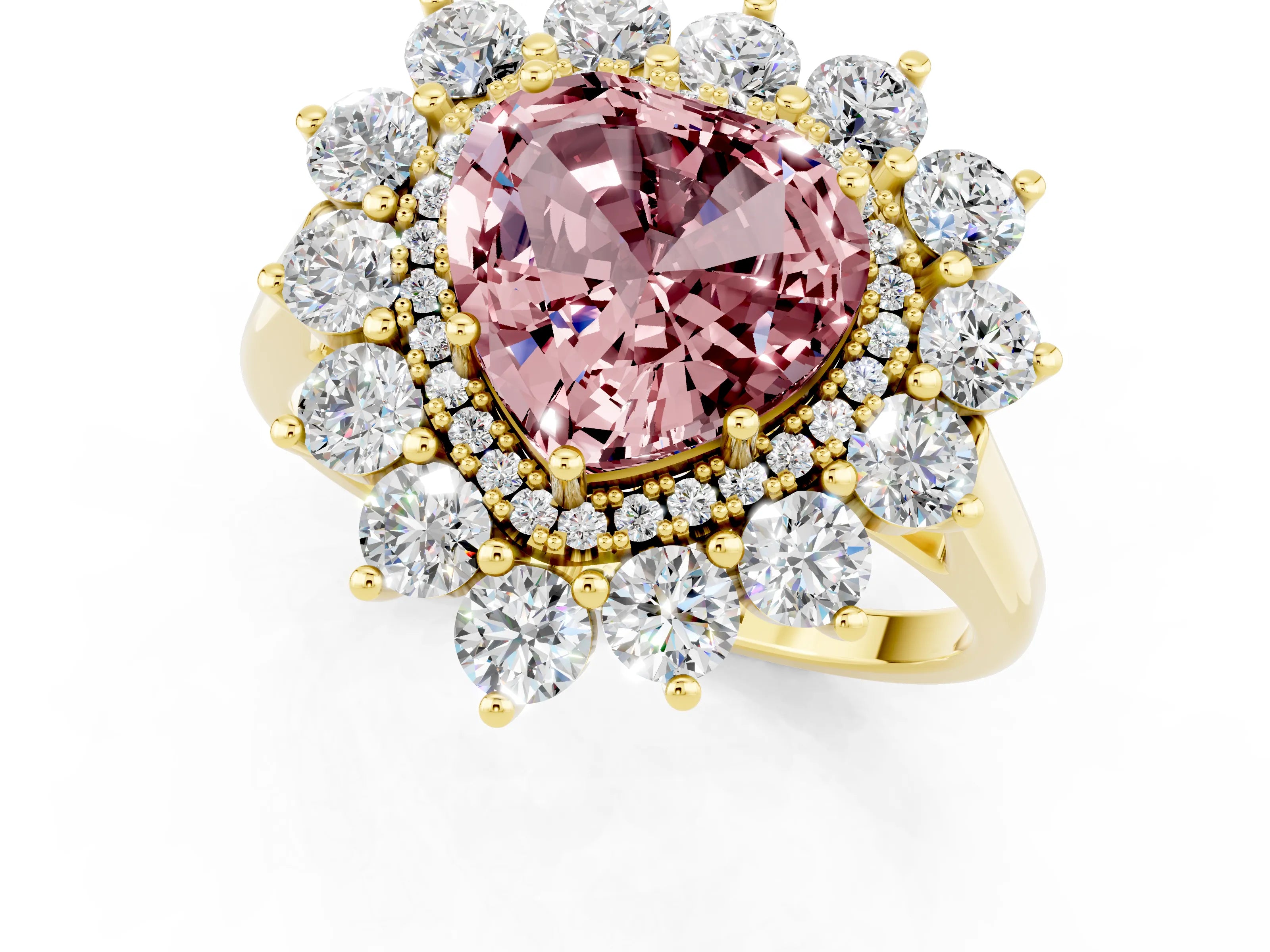 Yellow gold Heart Cut Halo Cluster Diamond Ring with Pave Band and Four-Prong Setting_1