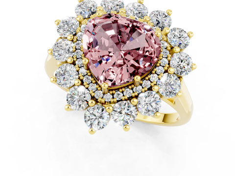 Yellow gold Heart Cut Halo Cluster Diamond Ring with Pave Band and Four-Prong Setting_1