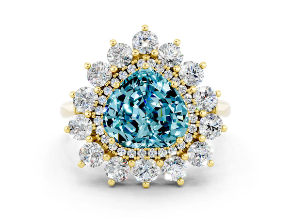 Yellow gold Heart Cut Halo Cluster Diamond Ring with Pave Band and Four-Prong Setting