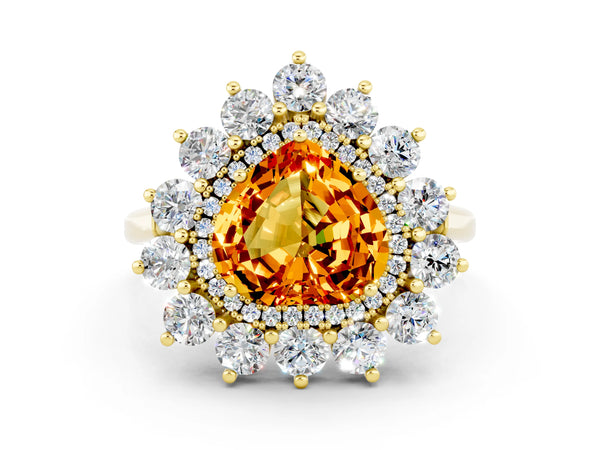 Yellow gold Heart Cut Citrine Floral Double Halo Engagement Ring with Prong Setting