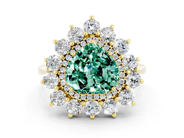 Yellow gold Heart Cut Green Sapphire Floral Double Halo Engagement Ring with Prong Setting