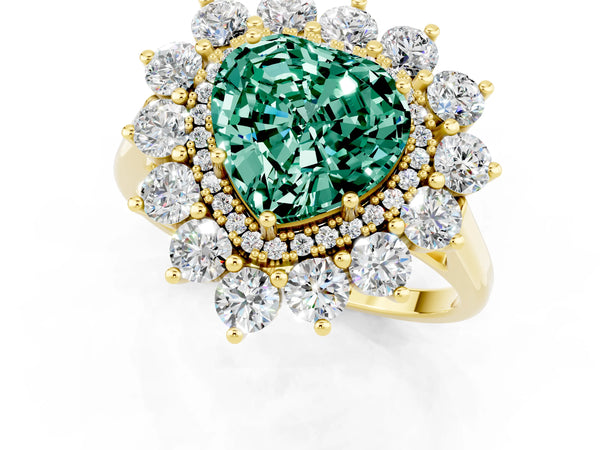 Yellow gold Heart Cut Green Sapphire Floral Double Halo Engagement Ring with Prong Setting