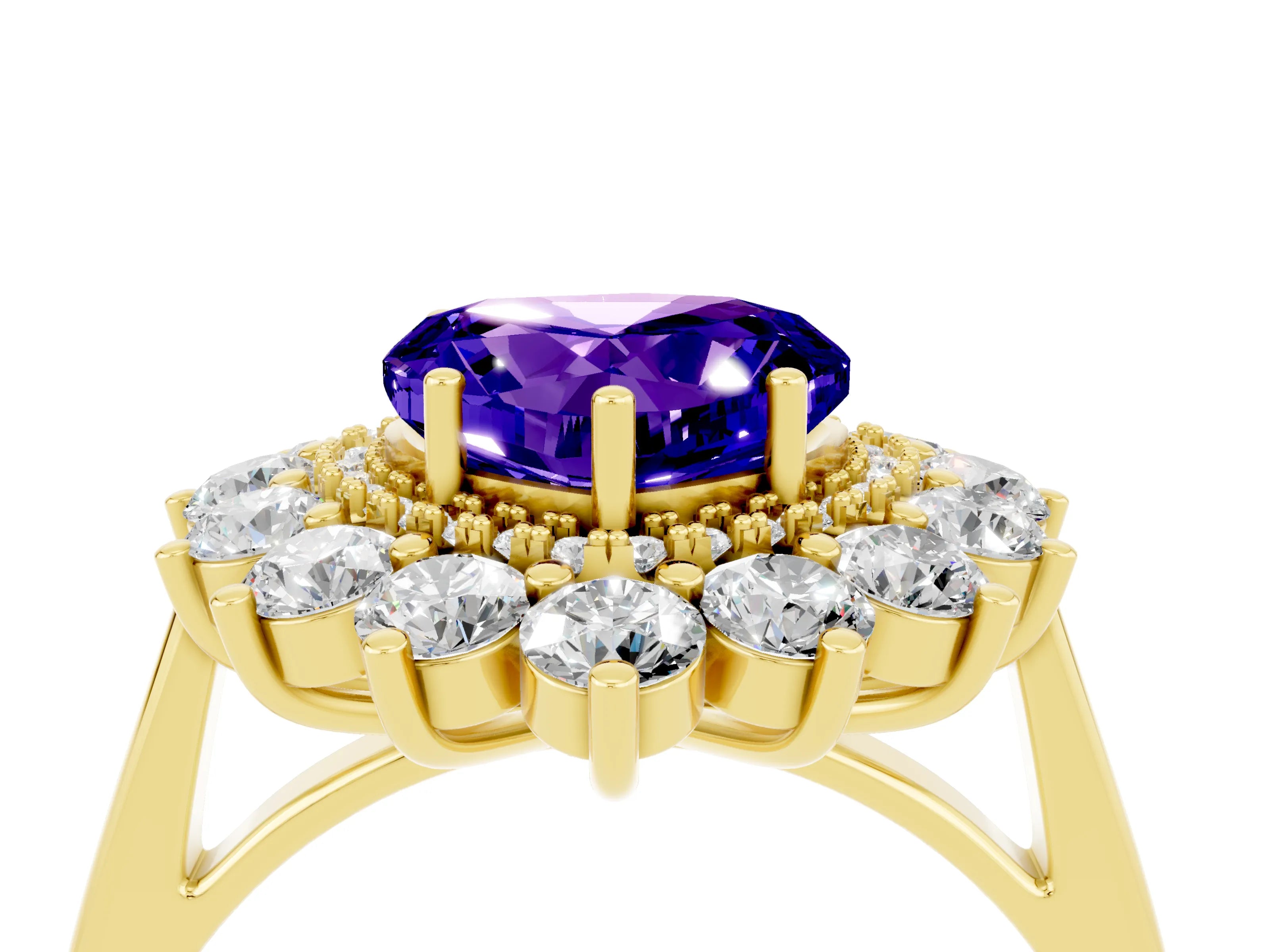 Yellow gold Heart Cut Halo Cluster Diamond Ring with Pave Band and Four-Prong Setting_28