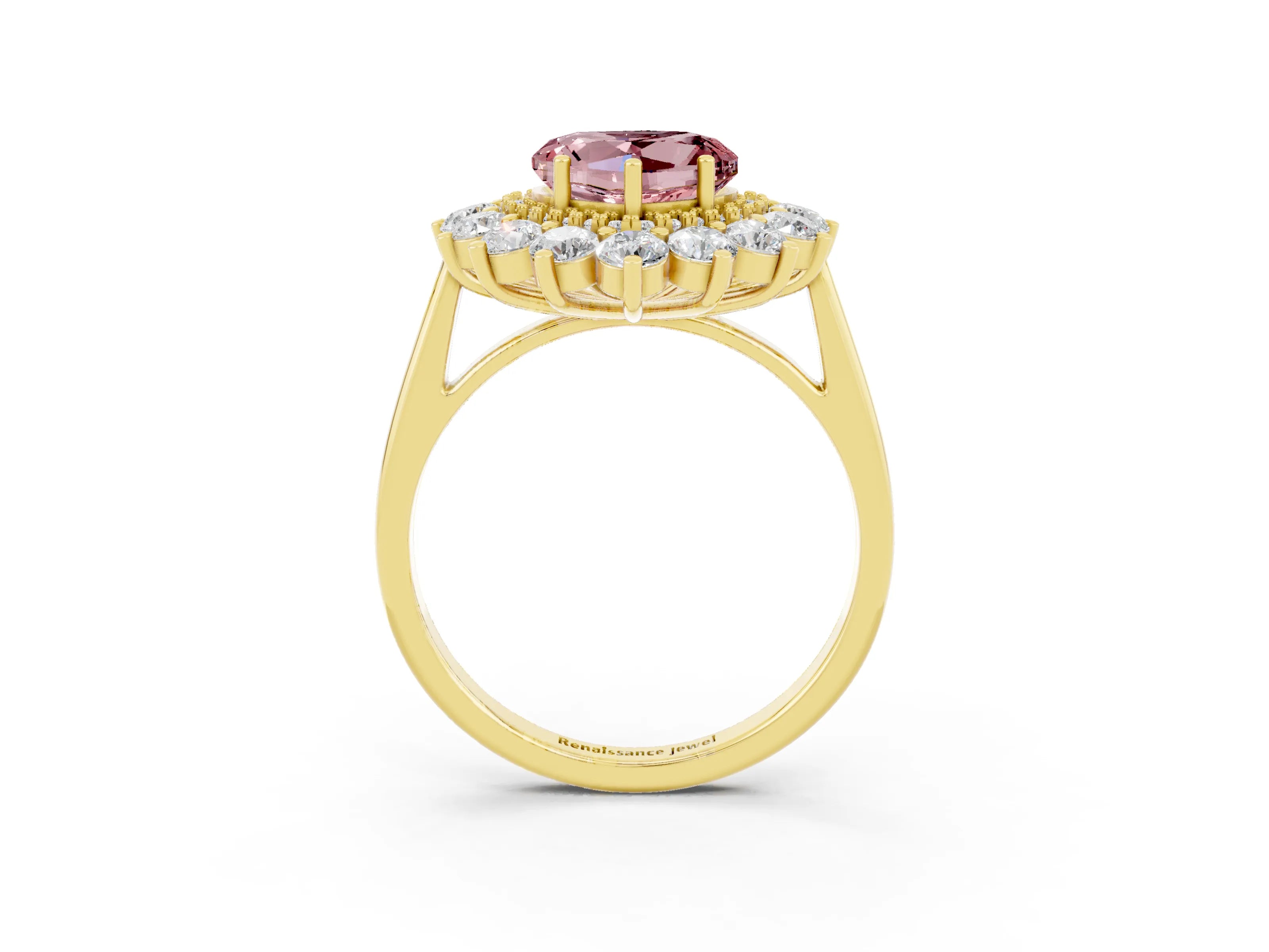 Yellow gold Heart Cut Halo Cluster Diamond Ring with Pave Band and Four-Prong Setting_3