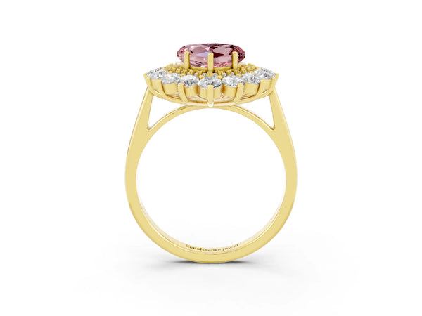 Yellow gold Heart Cut Halo Cluster Diamond Ring with Pave Band and Four-Prong Setting