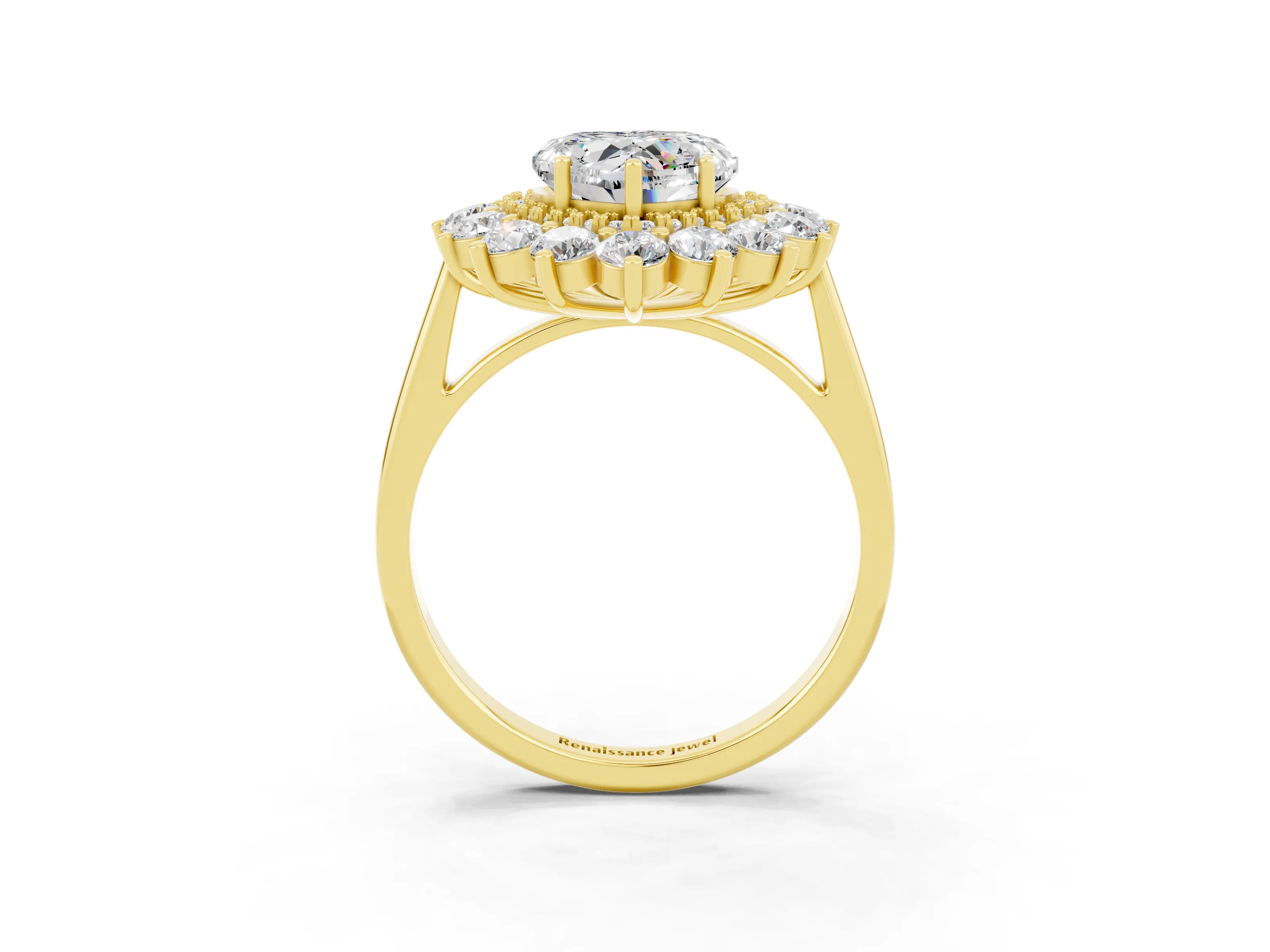 Yellow gold Heart Cut Halo Cluster Diamond Ring with Pave Band and Four-Prong Setting_3