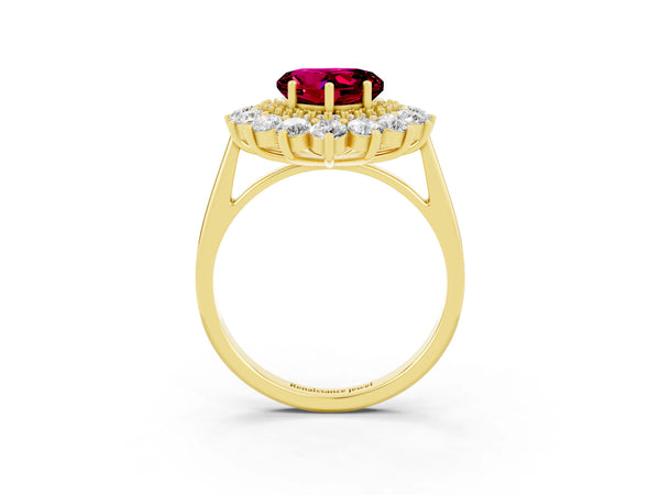Yellow gold Heart Cut Garnet Floral Double Halo Engagement Ring with Prong Setting