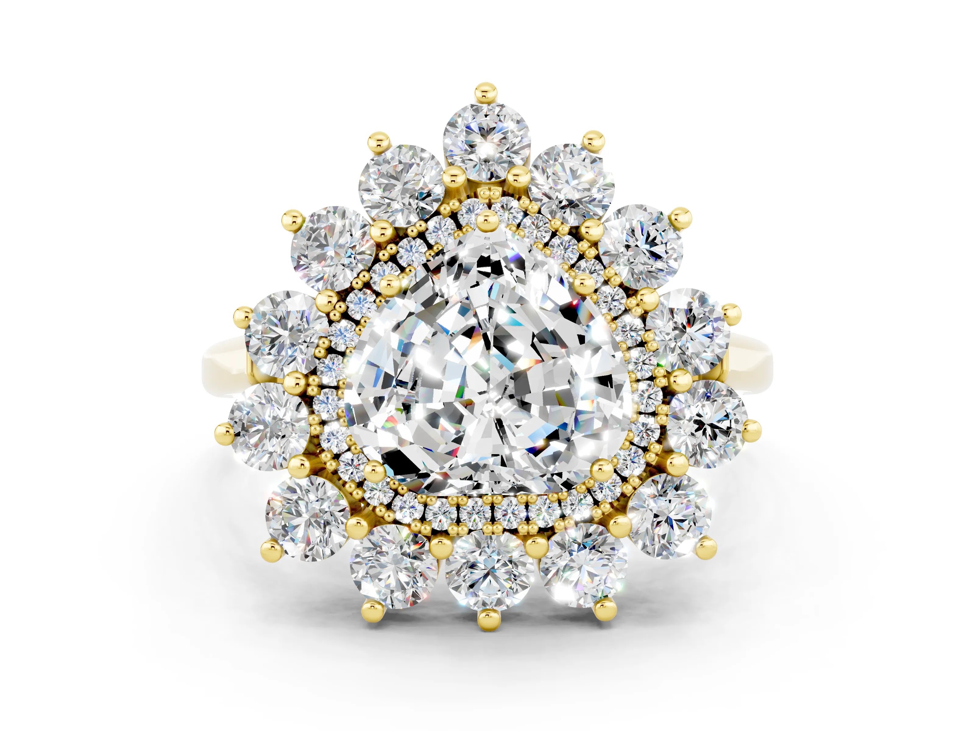 Yellow gold Heart Cut Halo Cluster Diamond Ring with Pave Band and Four-Prong Setting