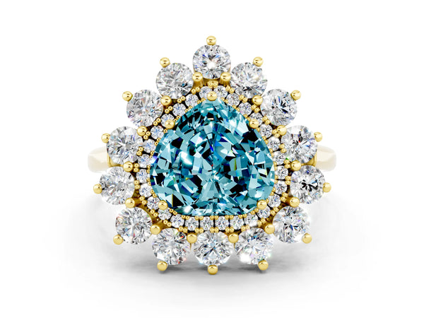 Yellow gold Heart Cut Halo Cluster Diamond Ring with Pave Band and Four-Prong Setting
