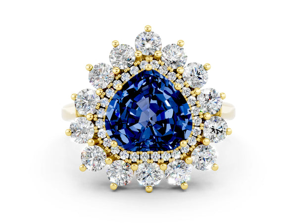Yellow Gold Heart-Shaped Lab-Grown Blue Sapphire Floral Double Halo Engagement Ring with Plain Band