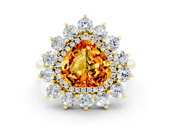Yellow gold Heart Cut Citrine Floral Double Halo Engagement Ring with Prong Setting