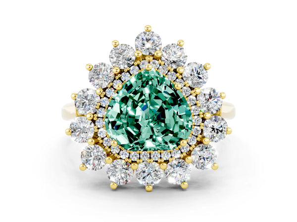 Yellow gold Heart Cut Green Sapphire Floral Double Halo Engagement Ring with Prong Setting