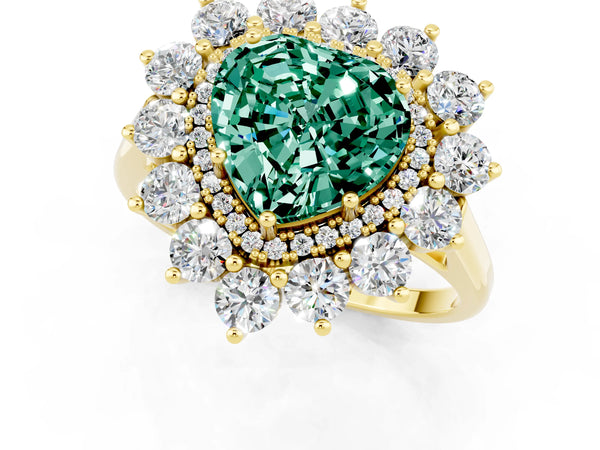 Yellow gold Heart Cut Green Sapphire Floral Double Halo Engagement Ring with Prong Setting