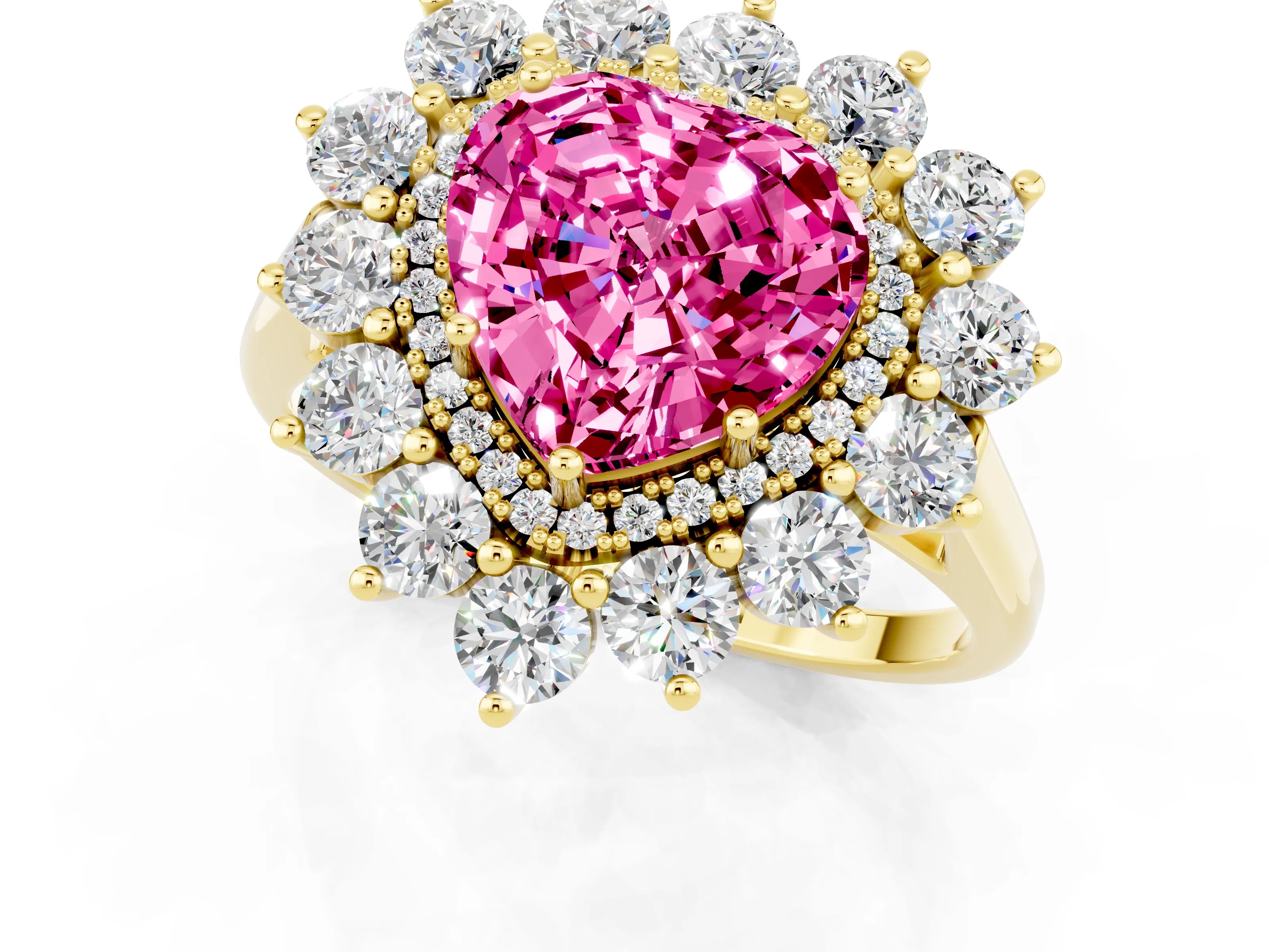 Yellow gold Heart Cut Halo Cluster Diamond Ring with Pave Band and Four-Prong Setting_7