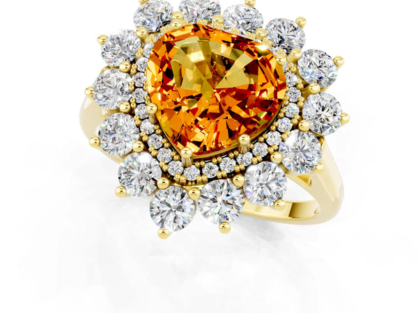 Yellow gold Heart Cut Citrine Floral Double Halo Engagement Ring with Prong Setting