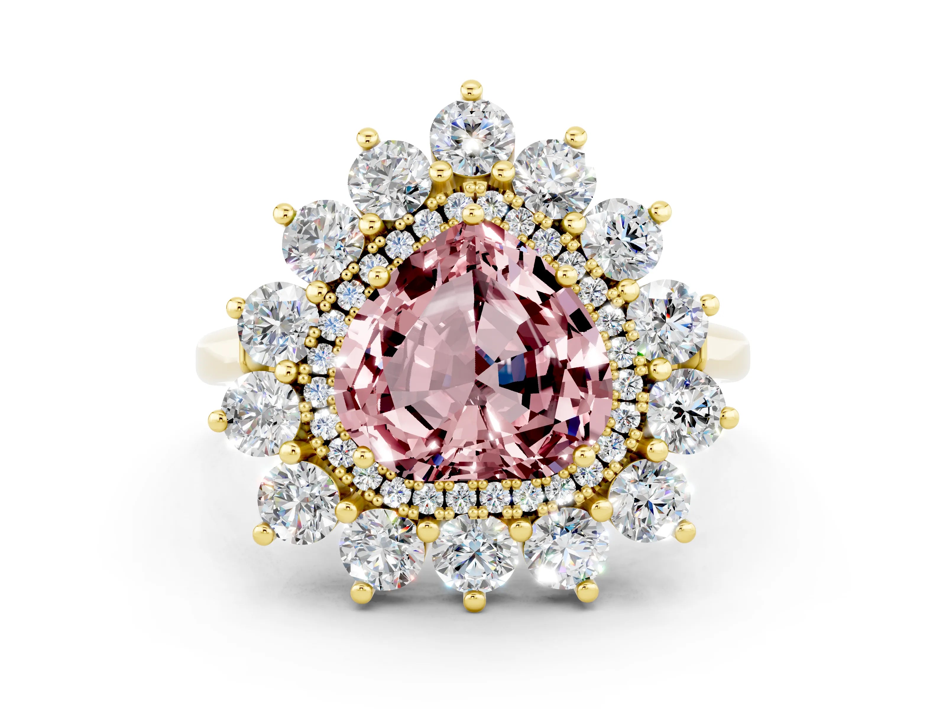 Yellow gold Heart Cut Halo Cluster Diamond Ring with Pave Band and Four-Prong Setting