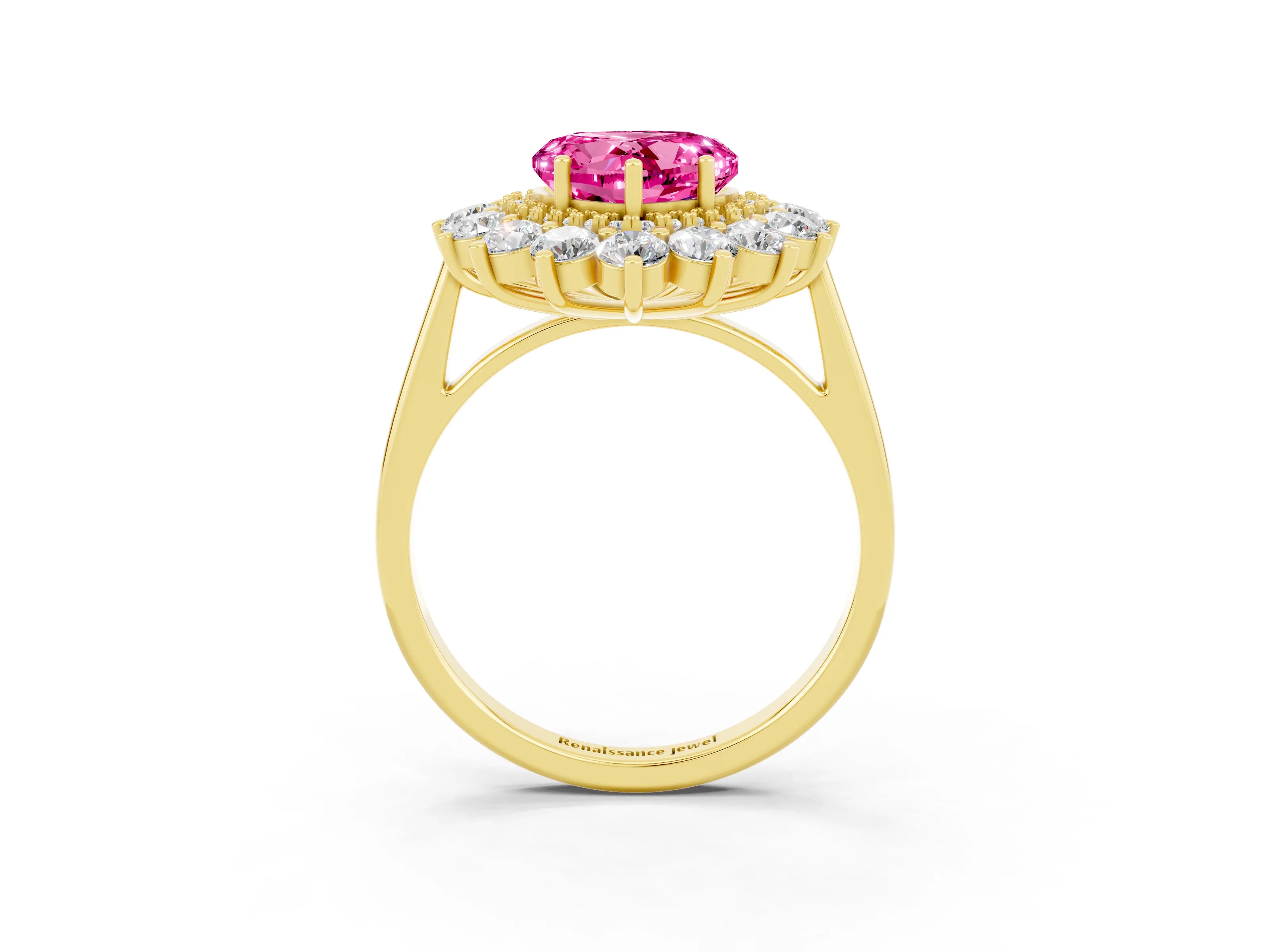 Yellow gold Heart Cut Halo Cluster Diamond Ring with Pave Band and Four-Prong Setting_9