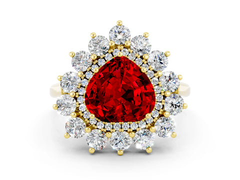 Yellow gold Heart Cut Halo Cluster Diamond Ring with Pave Band and Four-Prong Setting