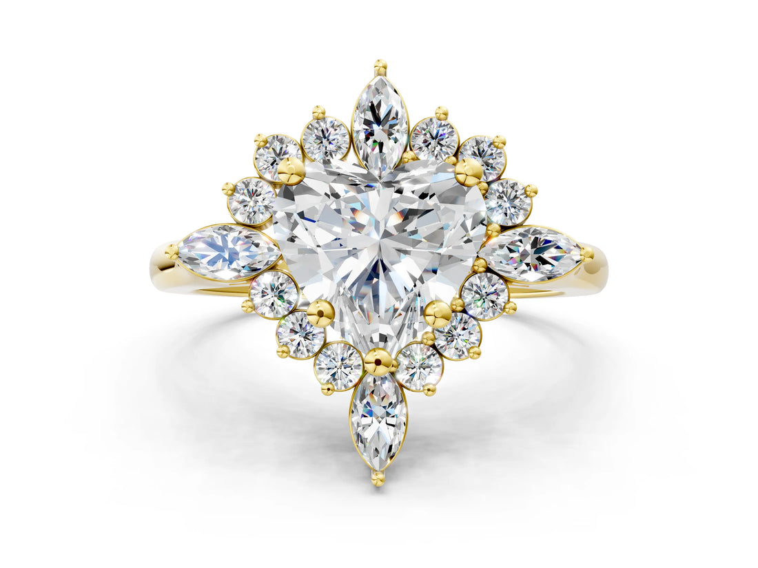Yellow gold Heart Cut Halo Diamond Cluster Ring with Marquise and Round Stones on a White Gold Band with Prong Setting_21