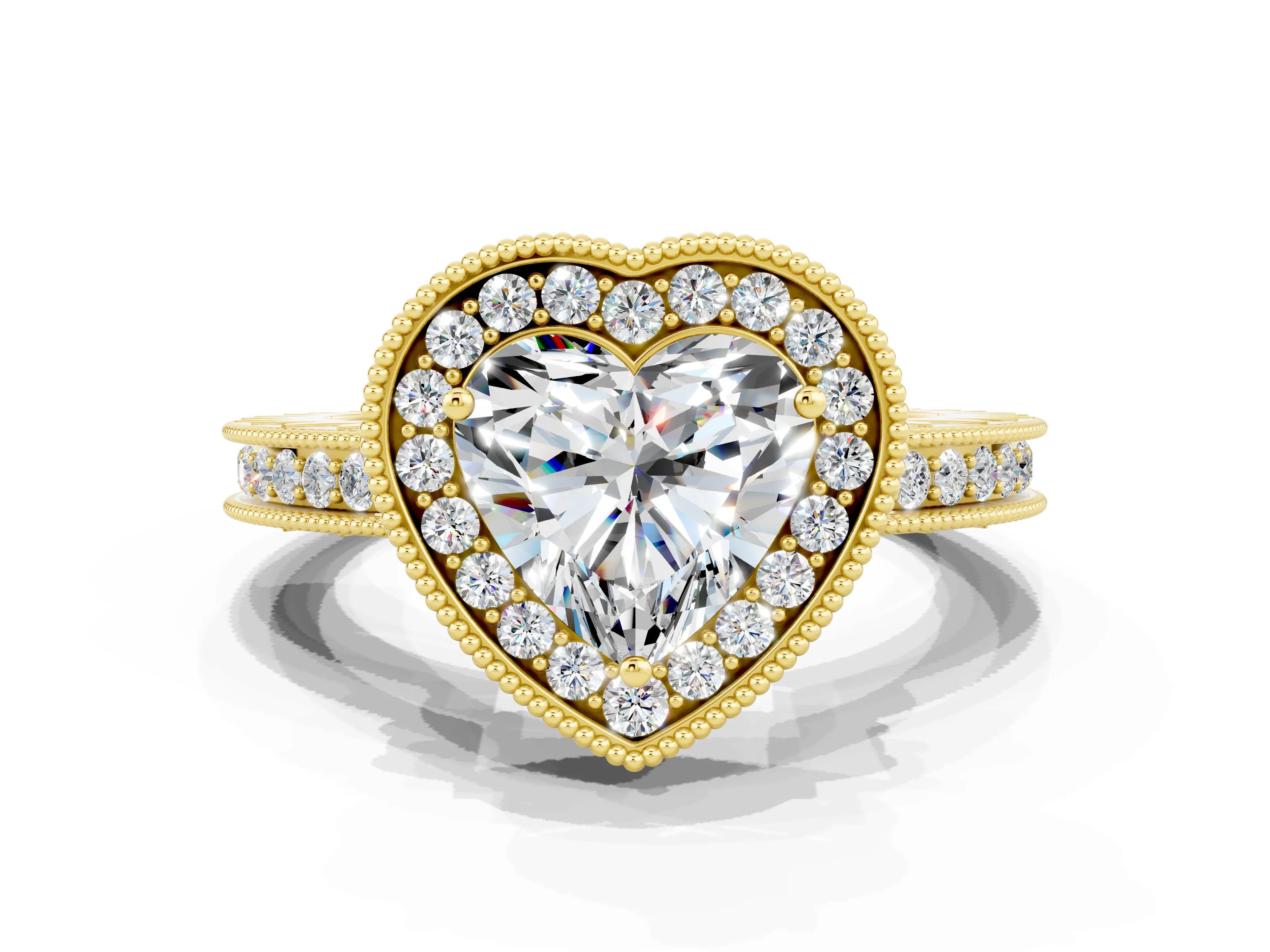 Yellow gold Heart Cut Halo Diamond Engagement Ring with Milgrain Pave Band and Four-Prong Setting