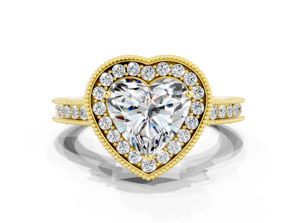Yellow gold Heart Cut Halo Diamond Engagement Ring with Milgrain Pave Band and Four-Prong Setting