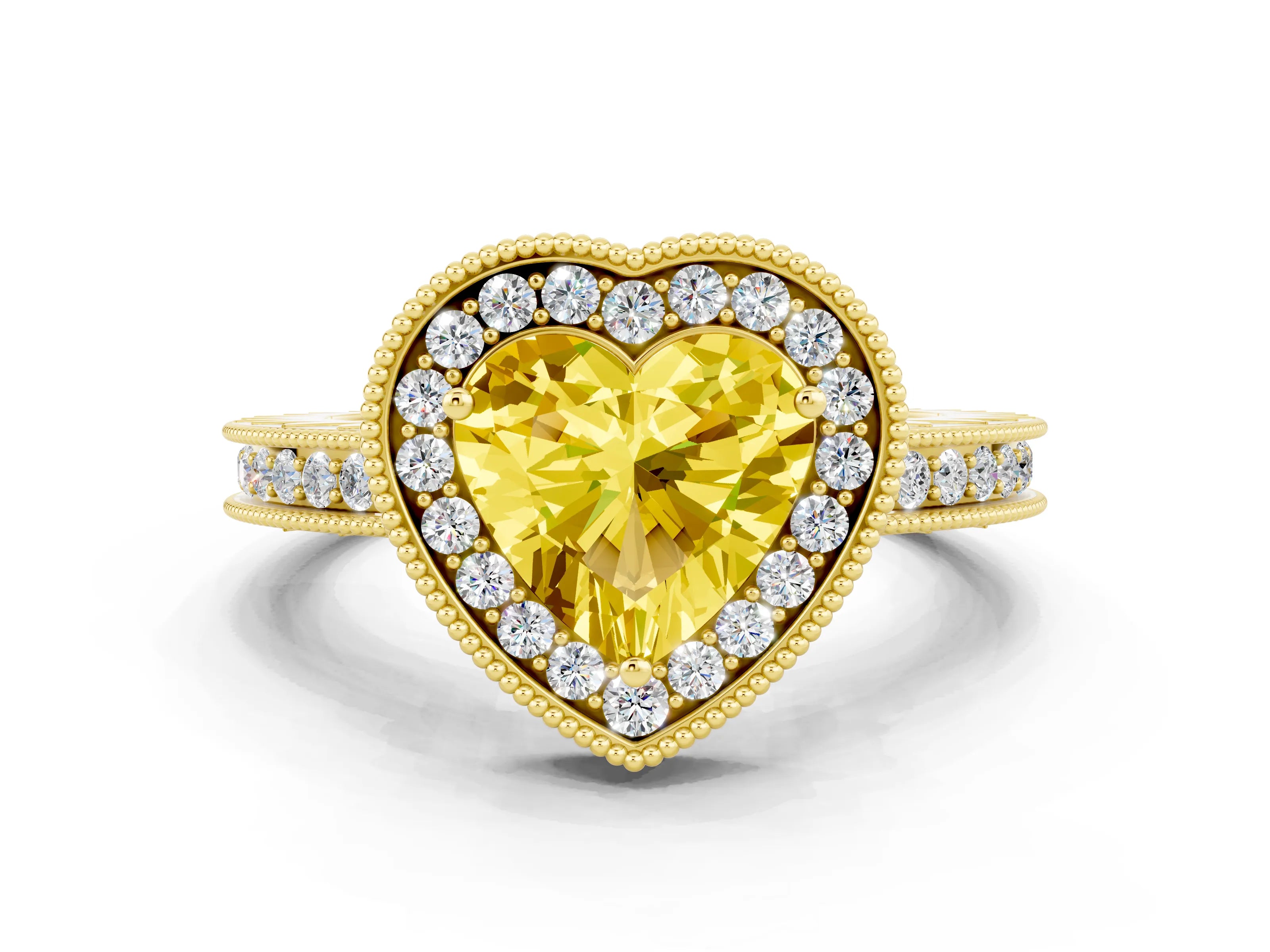 Yellow gold Heart Cut Halo Diamond Engagement Ring with Milgrain Pave Band and Four-Prong Setting