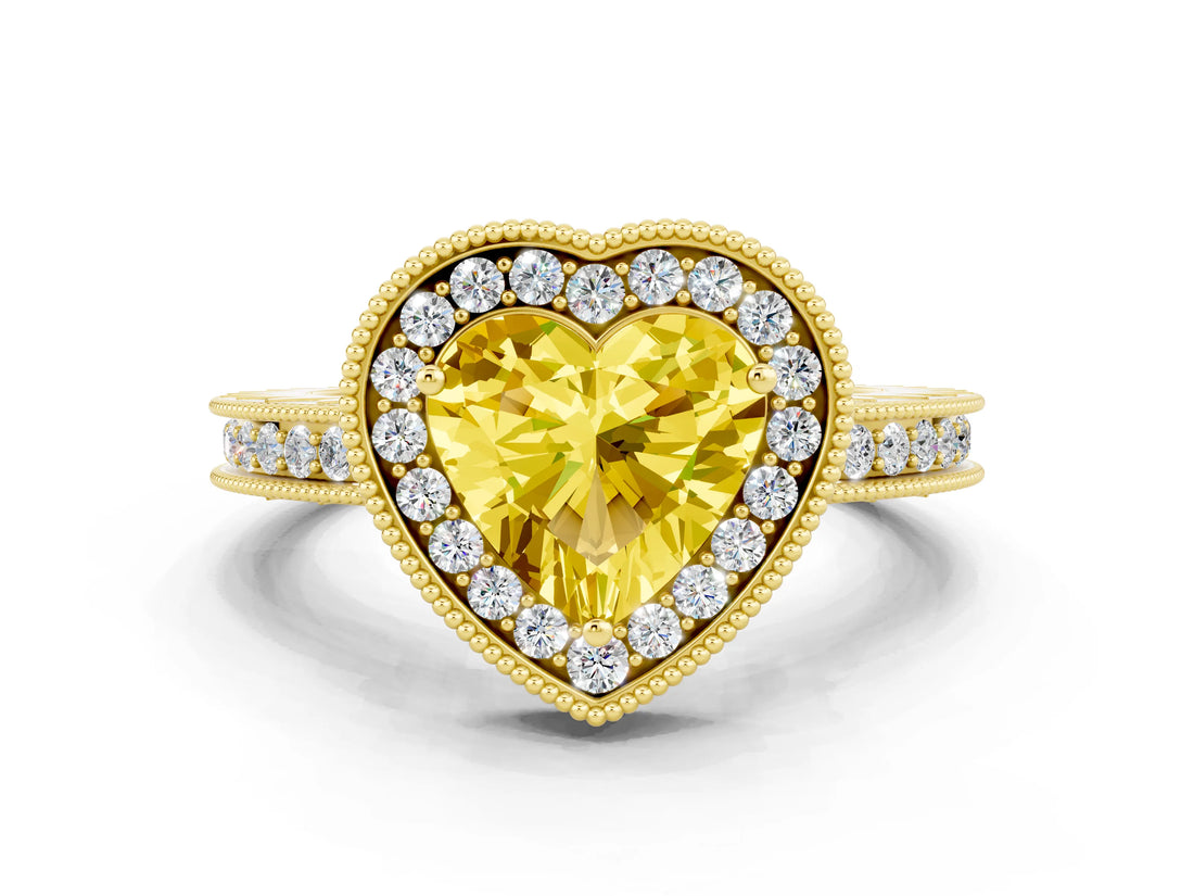 Yellow gold Heart Cut Halo Diamond Engagement Ring with Milgrain Pave Band and Four-Prong Setting