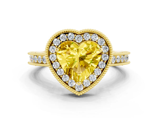 Yellow gold Heart Cut Halo Diamond Engagement Ring with Milgrain Pave Band and Four-Prong Setting