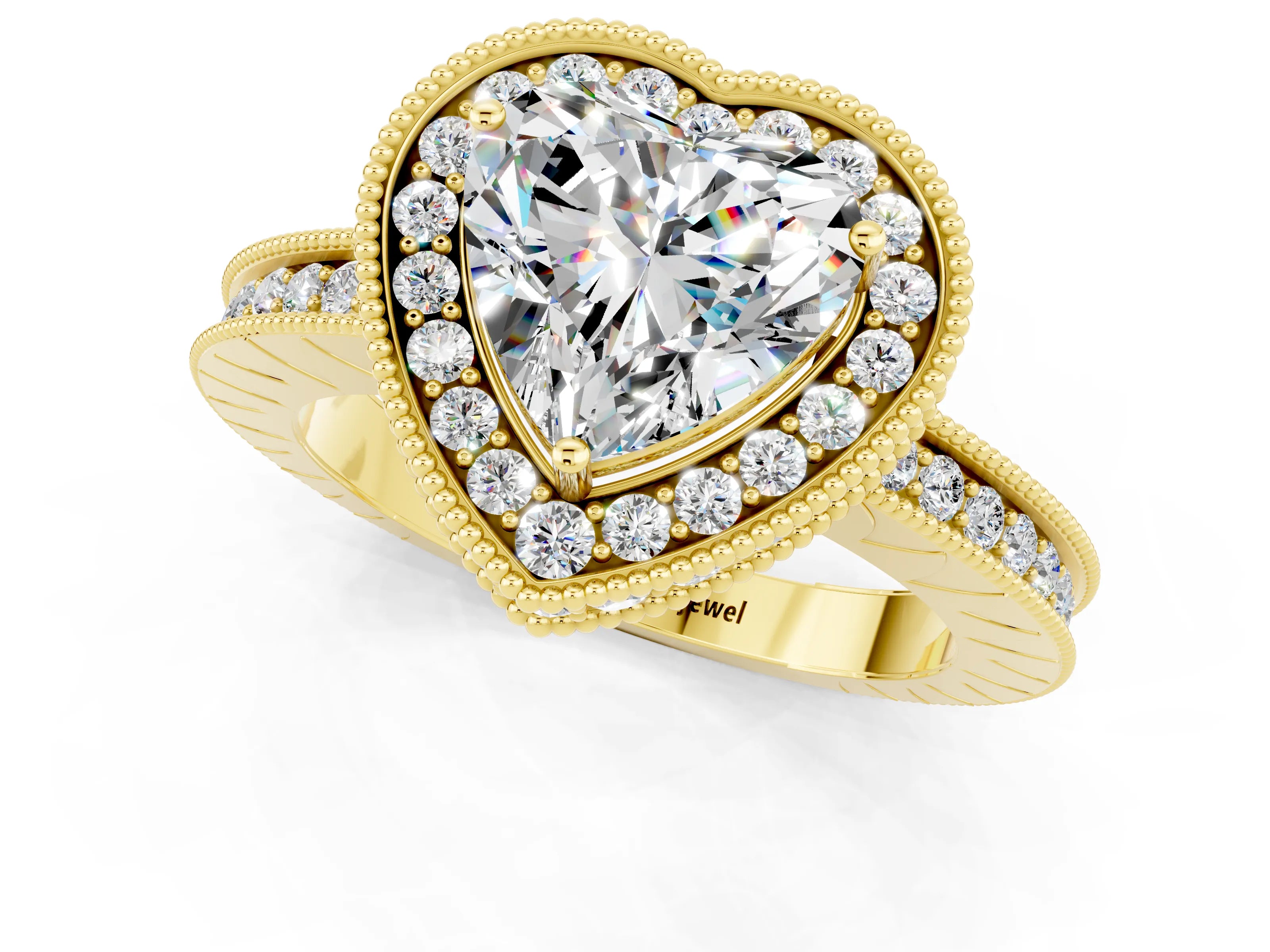 Yellow gold Heart Cut Halo Diamond Engagement Ring with Milgrain Pave Band and Four-Prong Setting_1