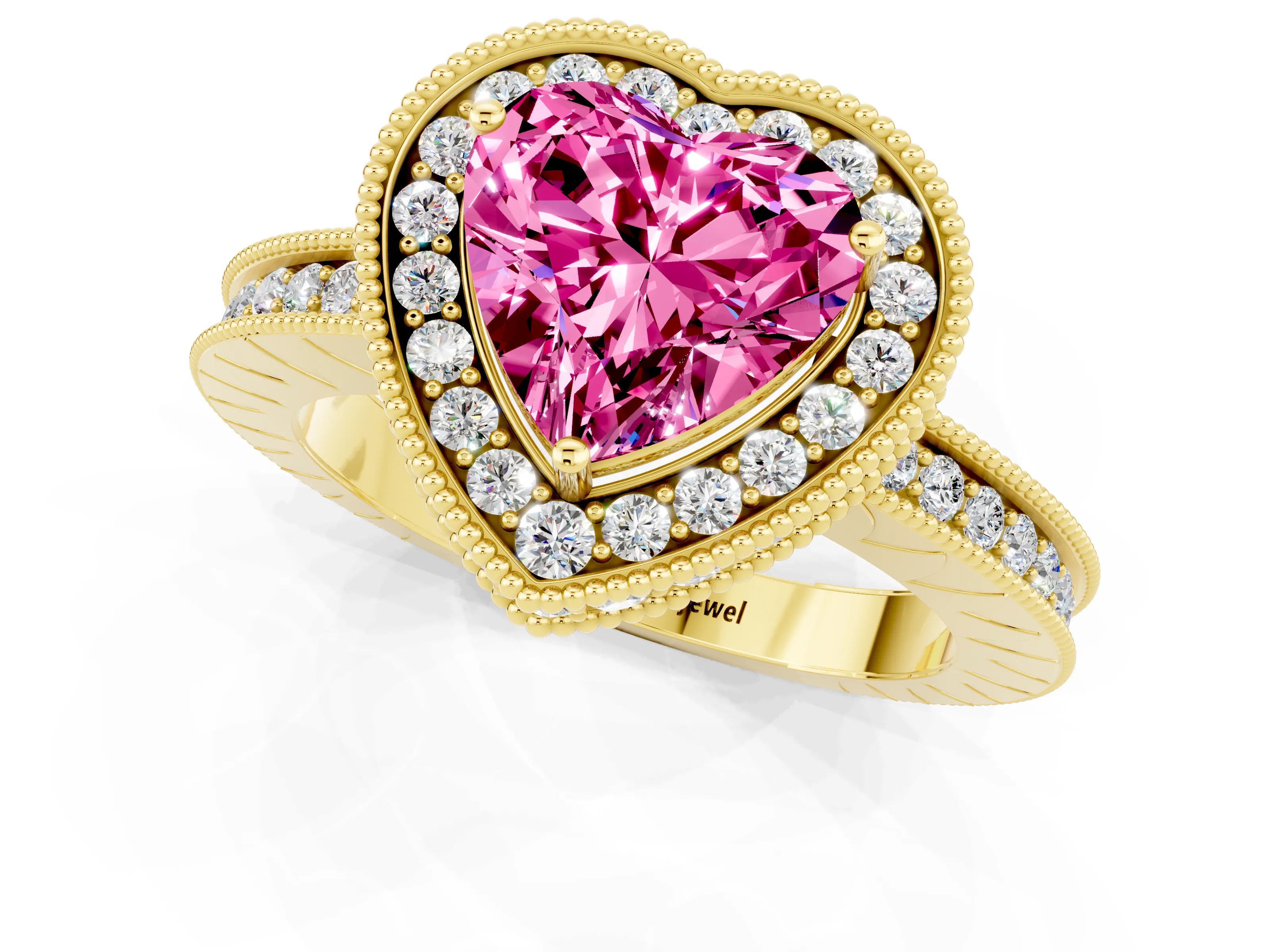 Yellow gold Heart Cut Halo Diamond Engagement Ring with Milgrain Pave Band and Four-Prong Setting_1