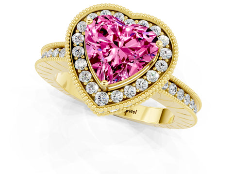 Yellow gold Heart Cut Halo Diamond Engagement Ring with Milgrain Pave Band and Four-Prong Setting_1