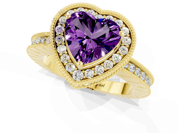 Yellow gold Heart Cut Amethyst Milgrain Halo Engagement Ring with Round Pavé Band and Prong Setting