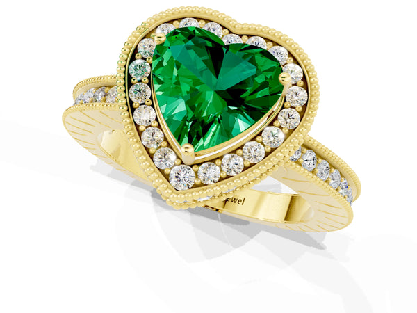 Yellow gold Heart Cut Halo Diamond Engagement Ring with Milgrain Pave Band and Four-Prong Setting